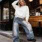 👖 50 % RABATT NÅ! 🌸 Damejeans med asymmetrisk midje og vide ben – slitt, vasket utseende og trendy street-stil ✨