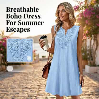 👗 50 % RABATT I BEGRENSET TID! 💥 Luftig sommerkjole til fritidsbruk – mykt stoff, brodert V-hals, krøllbestandig ✨