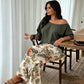 Dame Todelt Sett med Off-Shoulder Topp og Mønstrede Bukser
