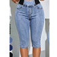 Capri-bukser i denim med høy midje for kvinner, elastisk midje, korte jeans