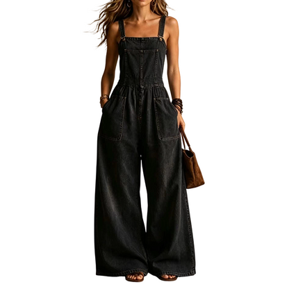 Løs denim-jumpsuit for kvinner til sommeren, med lommer