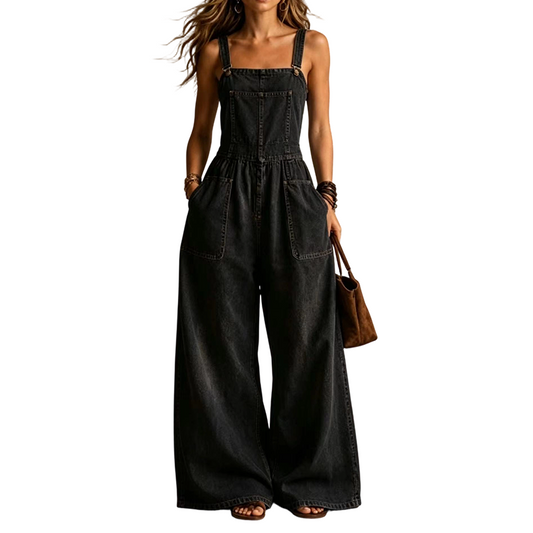 Løs denim-jumpsuit for kvinner til sommeren, med lommer