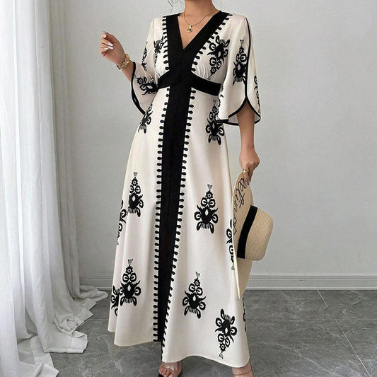 👗Elegant maxi-kjole med V-hals og mønster for kvinner