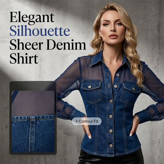 Dametopp i denim med patchwork-mønster i mesh