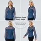 Dametopp i denim med patchwork-mønster i mesh