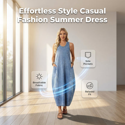 👗50% RABATT HALVT PRIS🧵 Damklänning i denim, ärmlös maxilängd med fickor 👝