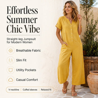 Uformell jumpsuit med korte ermer og vide ben for kvinner