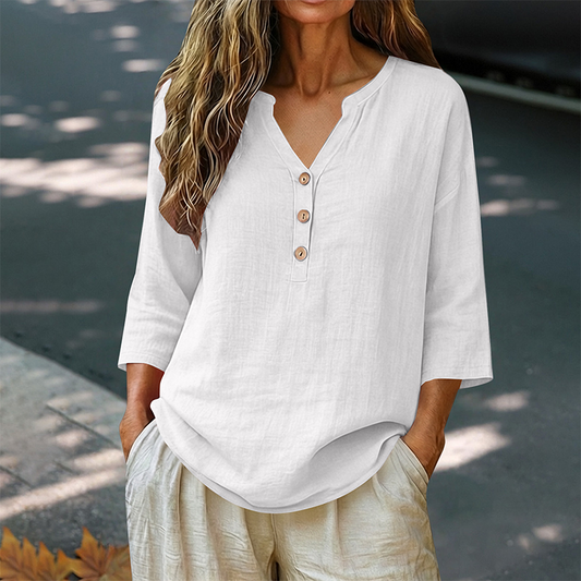 Casual bluse med V-hals og 3/4-ermer for damer