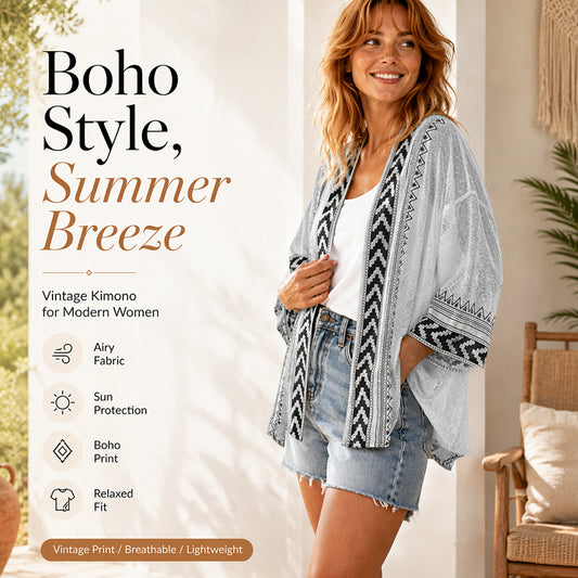 Retro-cardigan med geometrisk mønster for kvinner, med solbeskyttelse