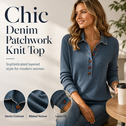 Langermet patchwork-strikketopp med denimkrage for damer