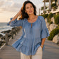 🔥Et must-have👚 Top med volanger i lag og 3/4-ermer – elegant fall og myk tekstur for uanstrengt eleganse