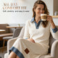 Midi-kjole i patchwork-strikk med denim for damer