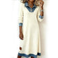 Midi-kjole i patchwork-strikk med denim for damer