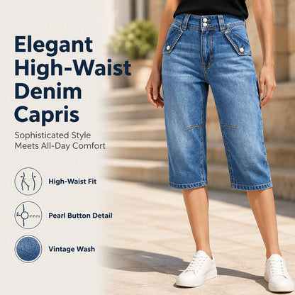 ⌛ Tidsbegrenset tilbud – Knelange jeansshorts med høy midje for damer