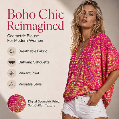 Populært akkurat nå⭐👚 Top med boho-mønster og flagermusermmer – flytende V-hals og uanstrengt bohemstil