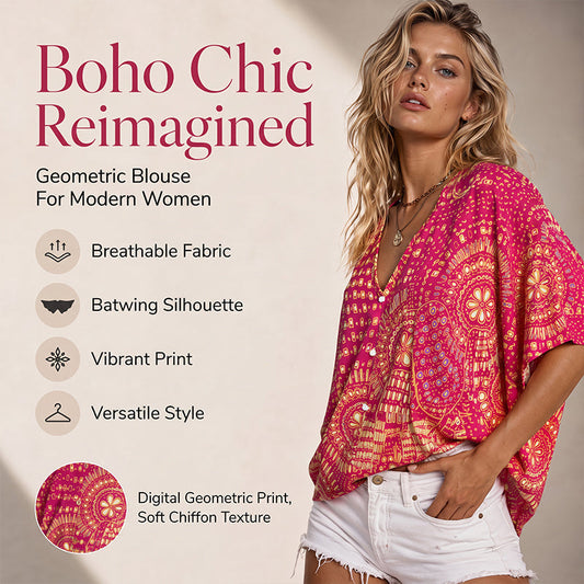 Populært akkurat nå⭐👚 Top med boho-mønster og flagermusermmer – flytende V-hals og uanstrengt bohemstil