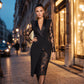Elegant bodycon-kjole for kvinner med V-hals og blonder på ermene