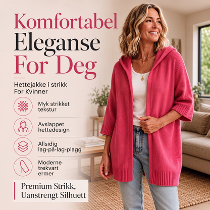 Strikket kardigan med hette og 3/4 ermer for kvinner