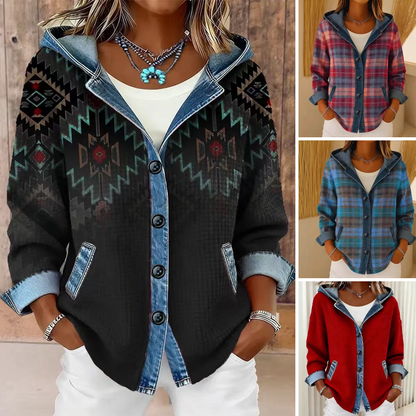 Hettejakke i patchwork-denim for damer