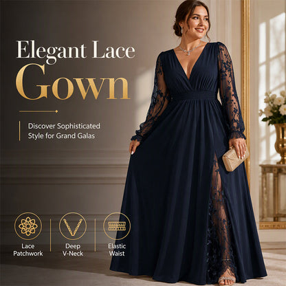 🌸Tidsbegrenset tilbud – Elegant V-hals kjole med blonder og patchwork, maxi for kvinner