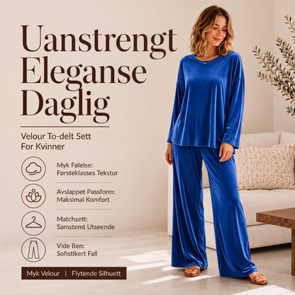 Dame sett med langermet topp i fløyel og vide bukser