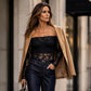 Off-the-shoulder-T-skjorte i blonder for kvinner