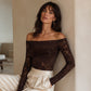 Off-the-shoulder-T-skjorte i blonder for kvinner