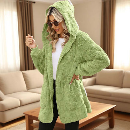 🌸 50 % RABATT NÅ! Myk fleece-kofta med hette, strukturert rutemønster, åpen foran og med lommer