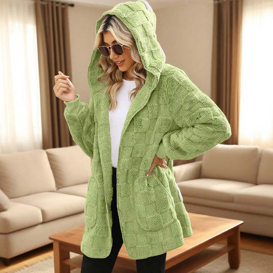 🌸 50 % RABATT NÅ! Myk fleece-kofta med hette, strukturert rutemønster, åpen foran og med lommer