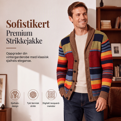 Strikket cardigan-genser med sjalskrage og striper for menn