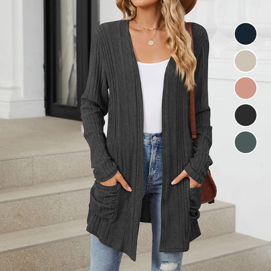 🍂 Høstens must-have | Lang strikket cardigan for damer med striper, åpen front og lommer