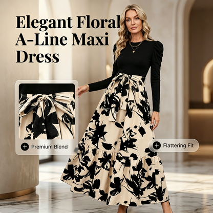 🌸 Flatterende eleganse | A-linje-maxidress med blomstermønster og snøring i livet for damer