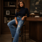 Høytaljede, slitte flared jeans for kvinner