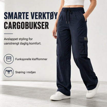 Dames løstsittende cargo-bukser med rette ben, elastisk midje med snøring og praktiske sidelommer