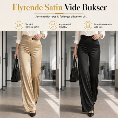 Elegante satengbukser med høy midje og vide ben, med asymmetrisk midje