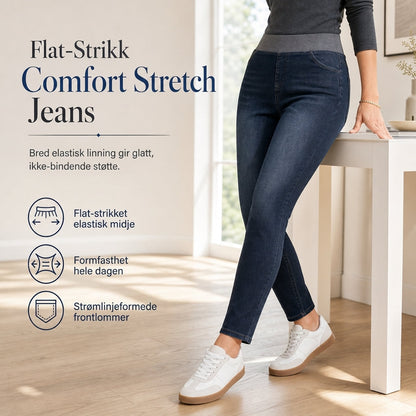 Mørkvaskede jeans for kvinner med høy midje, slim fit og bred elastisk linning, med trekk-på-design