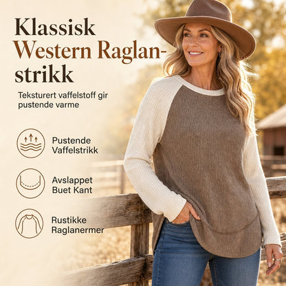 Dame g vest i western-gårdsstil med lange raglan-ermer i strikket stoff, strukturert vaffelstoff og buet søm