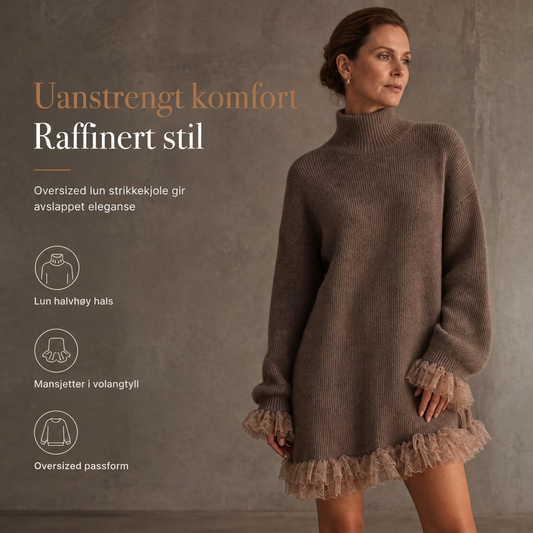 Oversized strikket kjole i mock neck-modell med ruffle-tull-kant