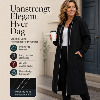 Avslipende, lang genser med hette og glidelås for kvinner
