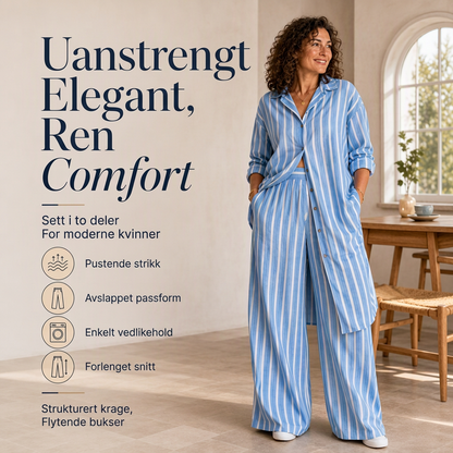 Langstripet damebluse med striper og buksett med vid ben