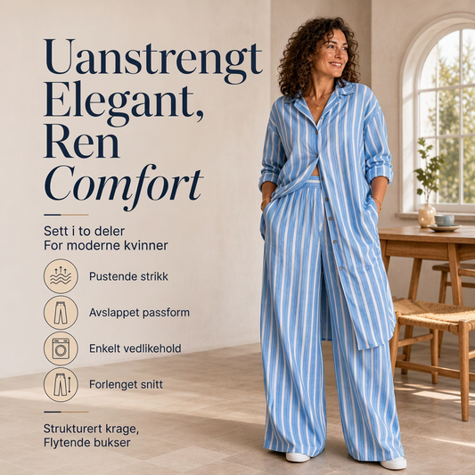 Langstripet damebluse med striper og buksett med vid ben