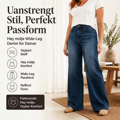 Bredbeinte, stretchy jeans med høy midje for dame