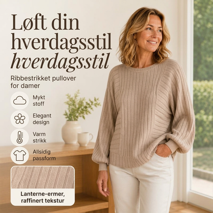 Avslappet ribbestrikket genser til kvinner med lanterneærmer