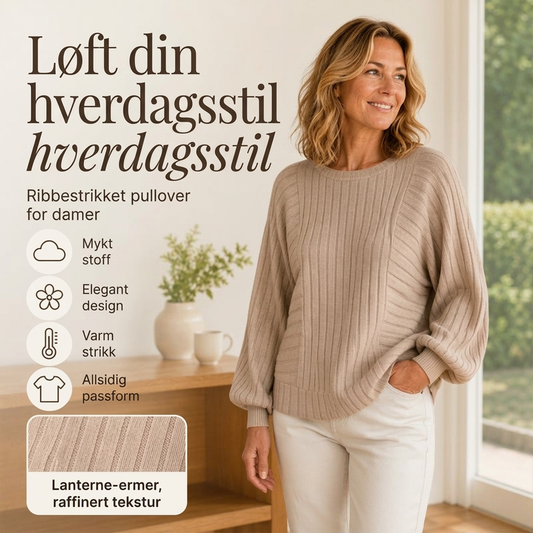 Avslappet ribbestrikket genser til kvinner med lanterneærmer