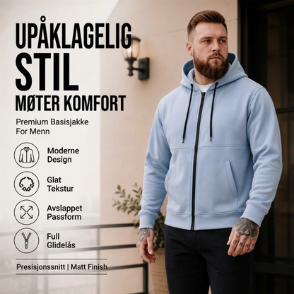 Avslående og varm jakke med glidelås og hette for menn