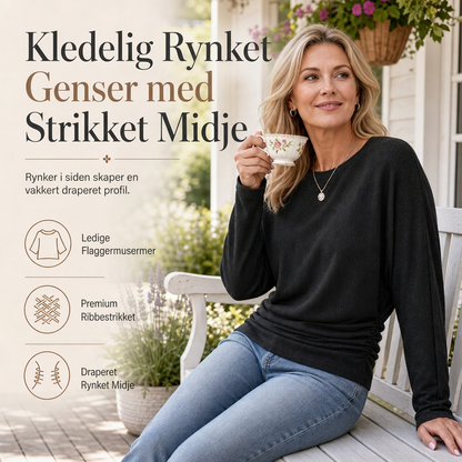 Avslappet og løs genser for kvinner med rund hals, lange ermer, droppede skuldre, batwing-ermer og rynket design på sidene