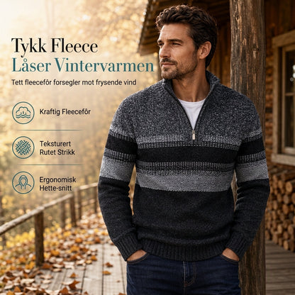 Vinterjakke for menn, plaidstrikket genser med hette, for og foret med fleece, tykk og langermet
