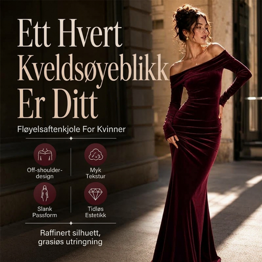 Lang kjole i fløyel med off-the-shoulder- design og rynker for dame