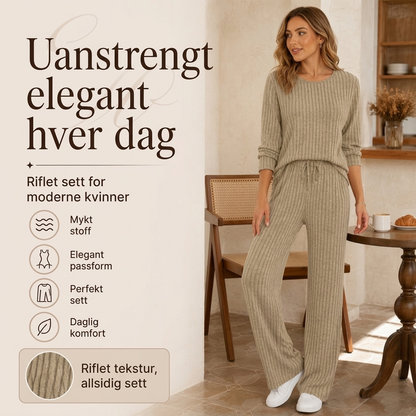 Ribbestrikket overdel og rette buksesett for kvinner