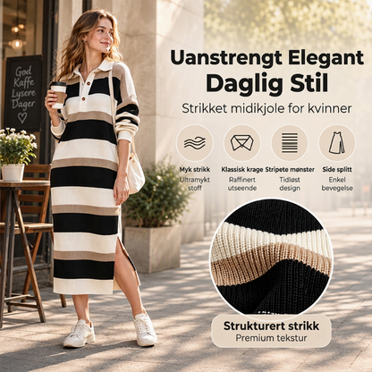 Stripet strikkekjole med krage for damer